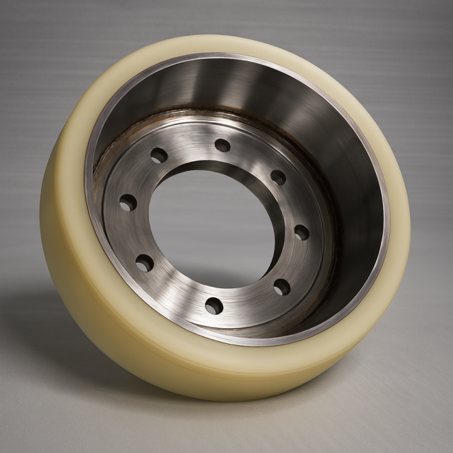 Urethane wheel with high load capacity and non-marking surface for industrial use