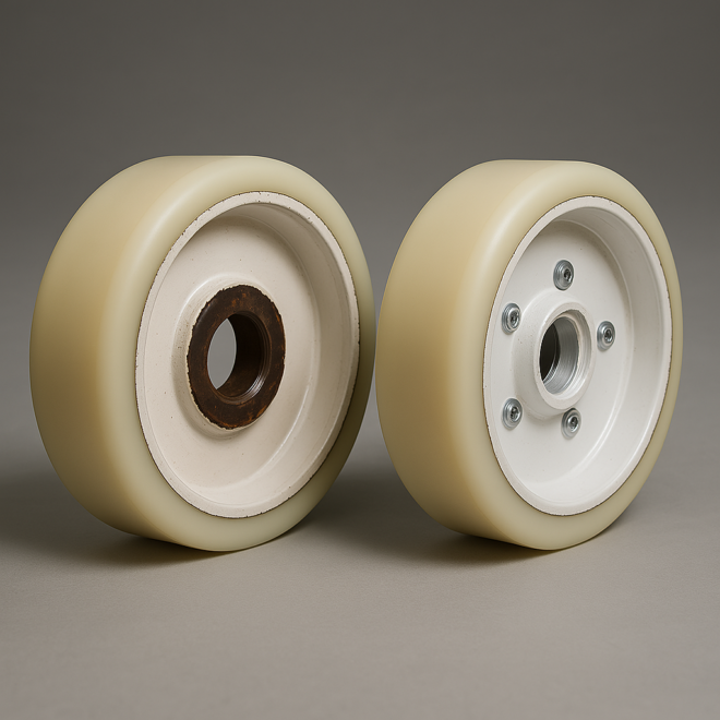 Urethane wheel with high load capacity and non-marking surface for industrial use
